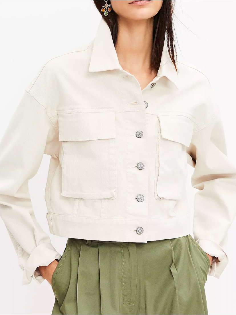 Loft Cream Tan Boxy Cropped Button Down Denim Jean Jacket Women’s Sz L